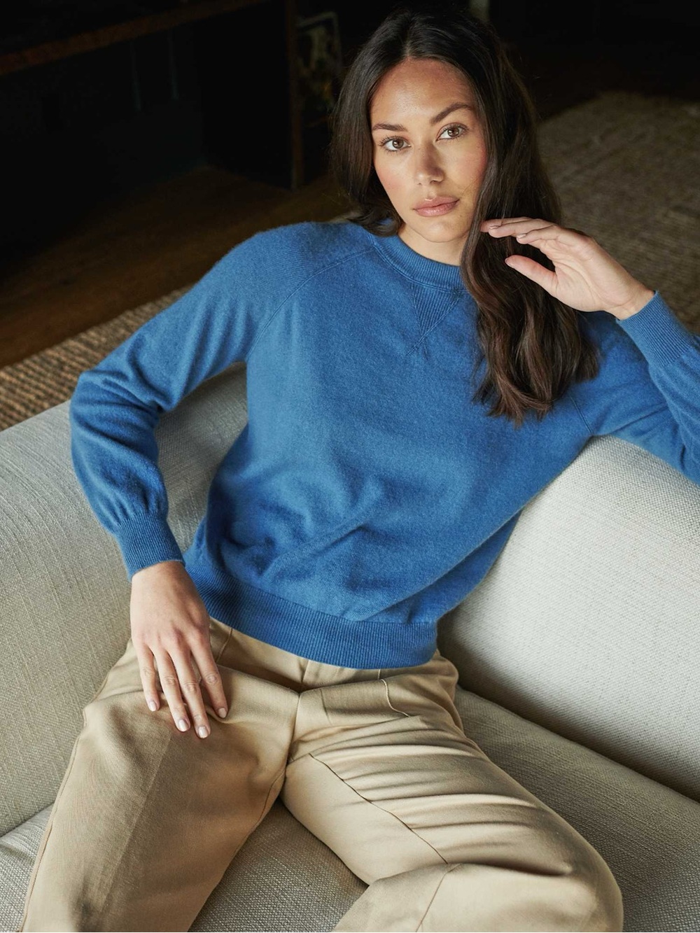 Quince Mongolian Shrunken Cashmere Sweatshirt size Medium Fjord Blue
